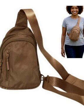 Viverte Tan Nylon Sling Backpack Multi-Pocket Crossbody Chest Bag Small Travel